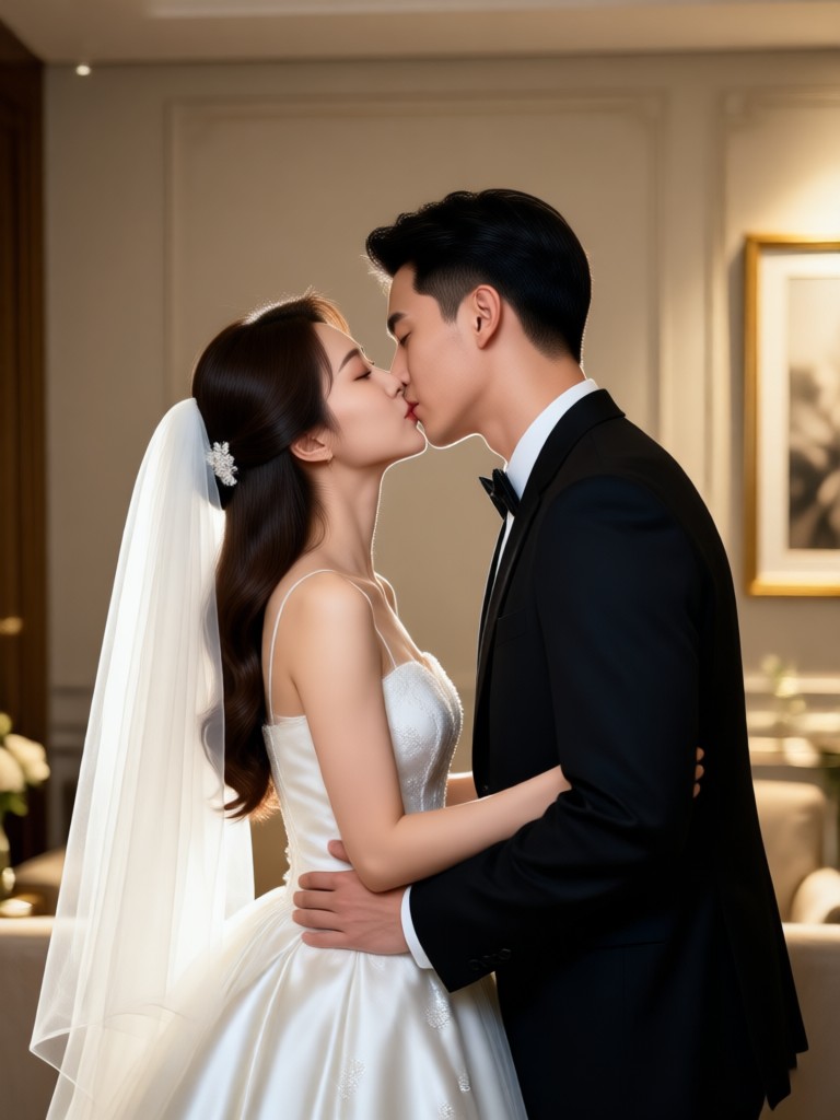 Vintage film style married couple kiss