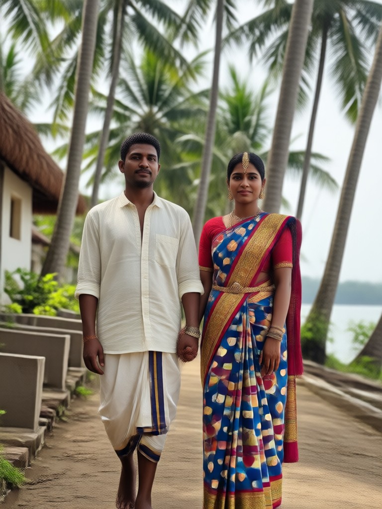 Elegant Kasavu saree and mundu couple portrait