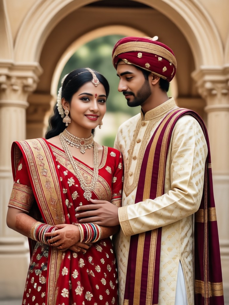 Engagement photo with intricate Bandhani saree