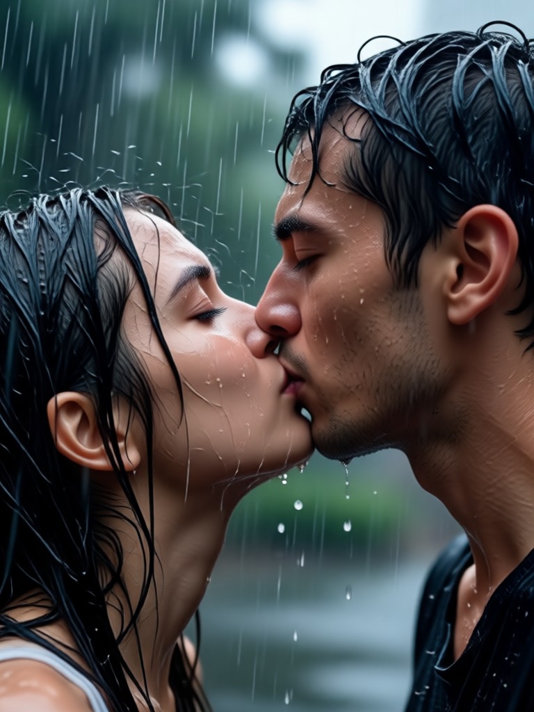 Romantic goodbye kiss in gentle rain with soft lighting