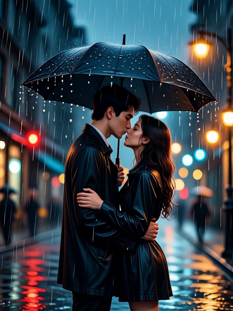 Passionate rain kiss effect with water running down faces