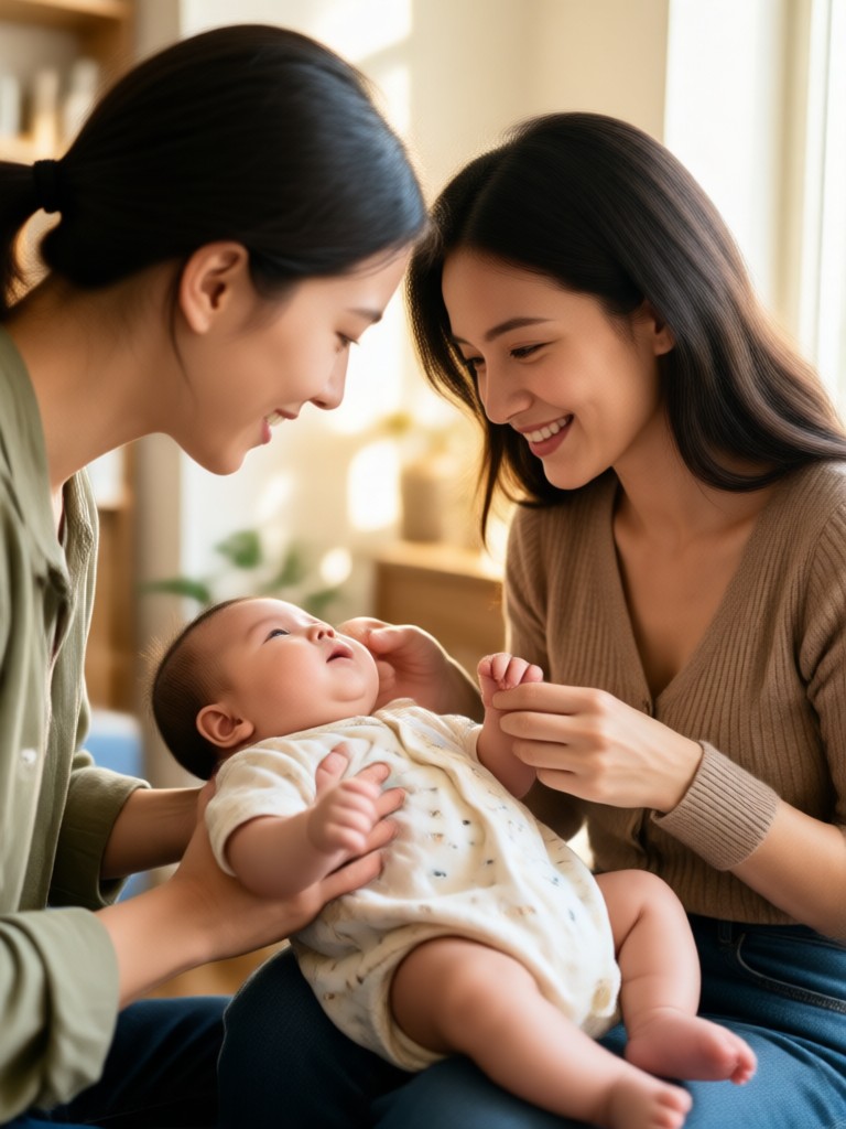 Pasangan bahagia melihat foto bayi AI di ponsel