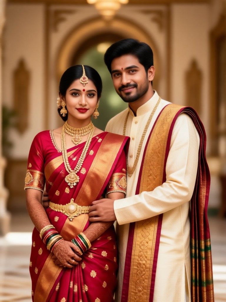 Couple in vibrant pink and orange festive attire