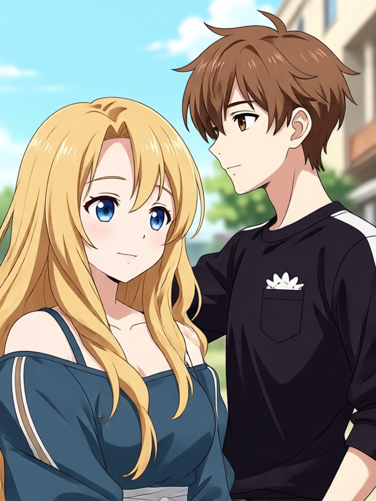 ドラマチックな夕日のアニメカップル瞬間