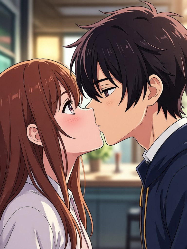 Dramatic shoujo style kiss with flowing hair and sparkles