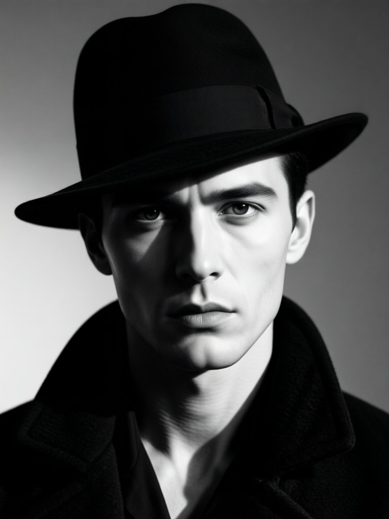 Noir portrait with classic fedora and shadow
