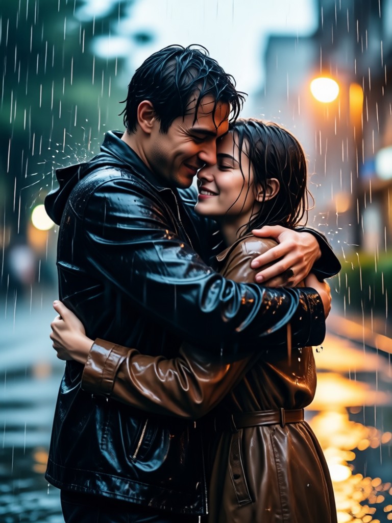 Artistic watercolor rain effect on hugging couple