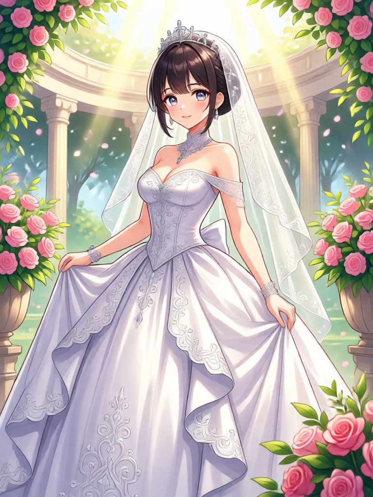 Modern anime bride in elegant white gown