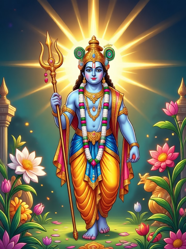 AI-generated Krishna in a cyberpunk cityscape
