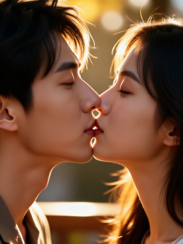 Momento de beso en cámara lenta romántico creado por IA