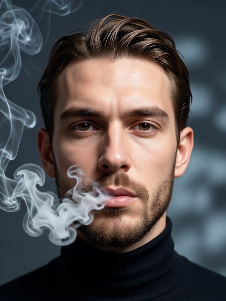 Close up portrait with smoke seeming to emanate from the eyes