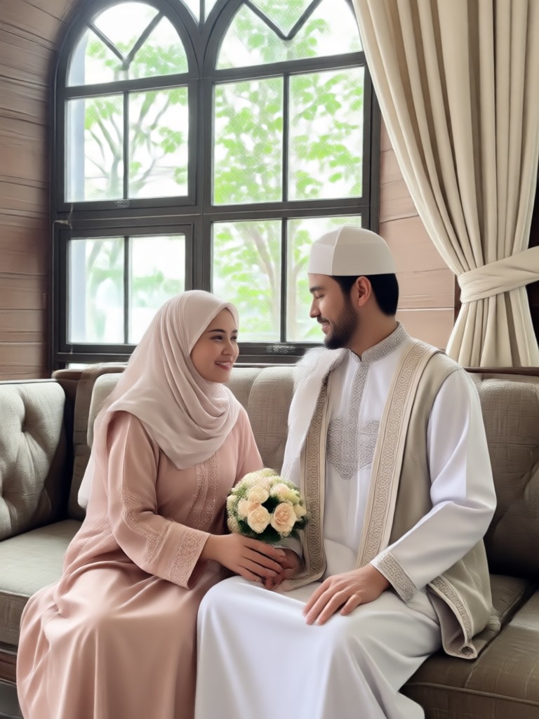 Muslim wedding couple with floral Islamic patterns