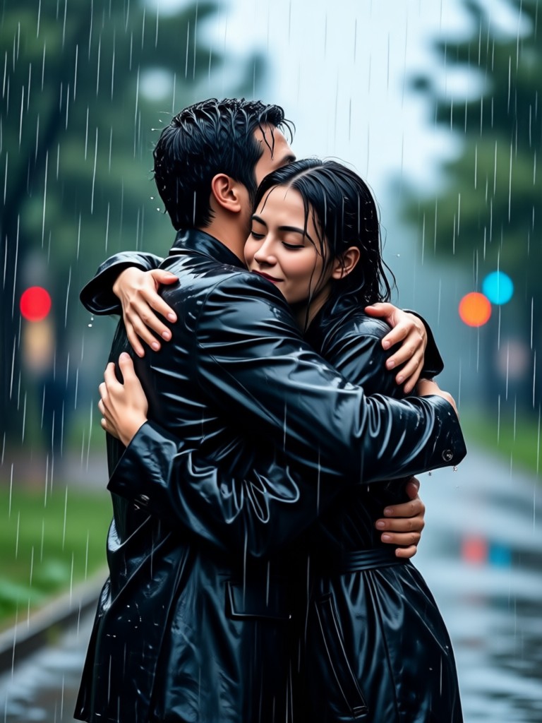 Friends reuniting under streetlights in rain