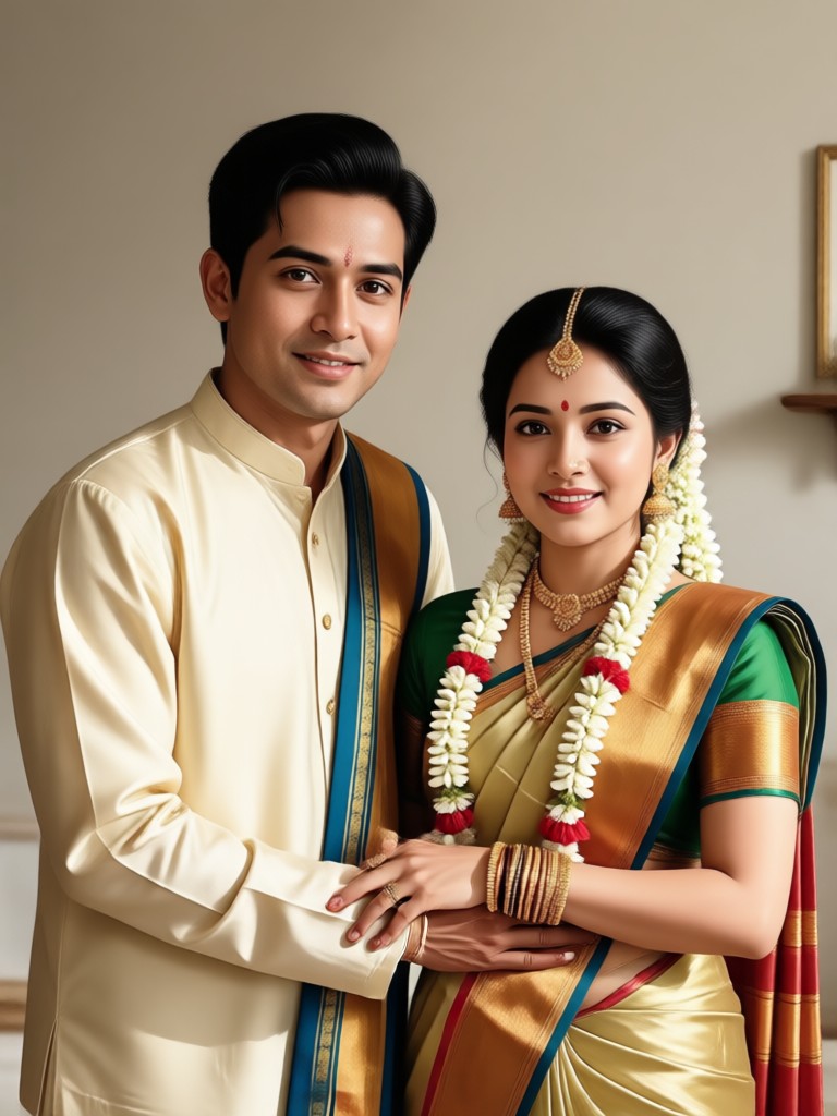 Pareja tamil con seda vibrante azul y naranja