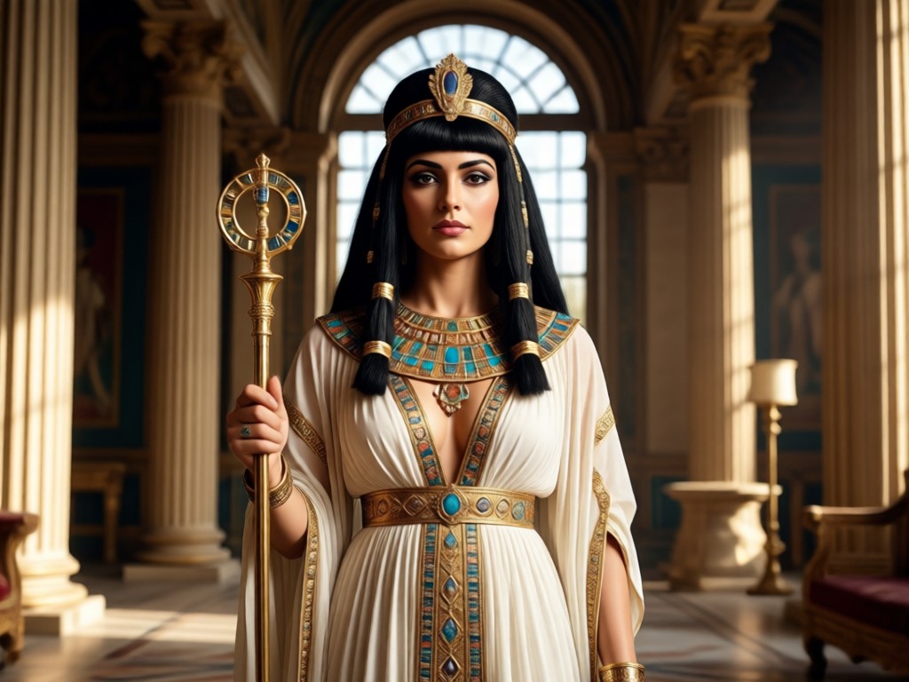 Side-by-side comparison showing a modern photo turning into Cleopatra.