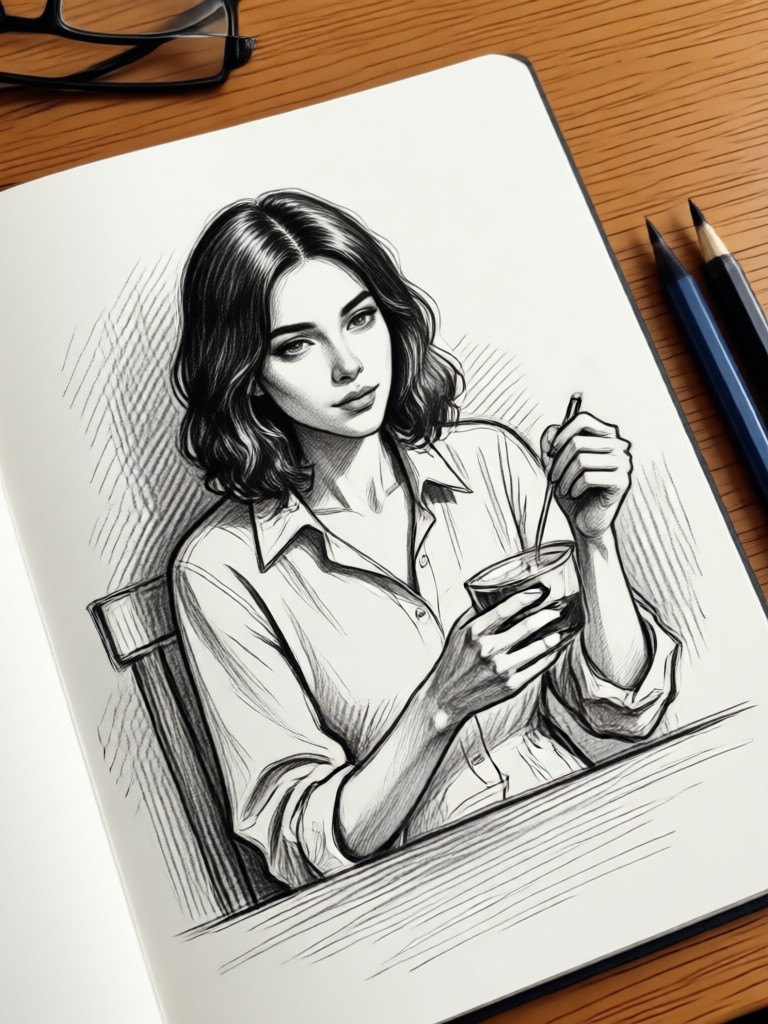 Foto makanan di sketsa dalam gaya ilustratif