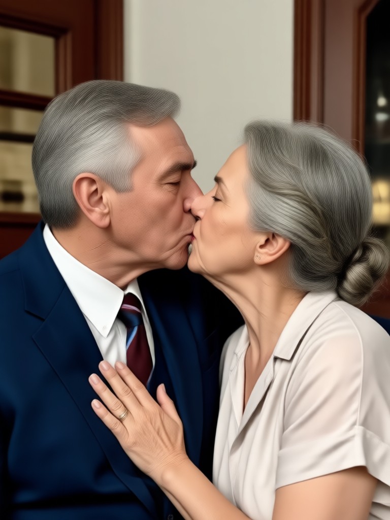 Garden setting senior couple kiss effect