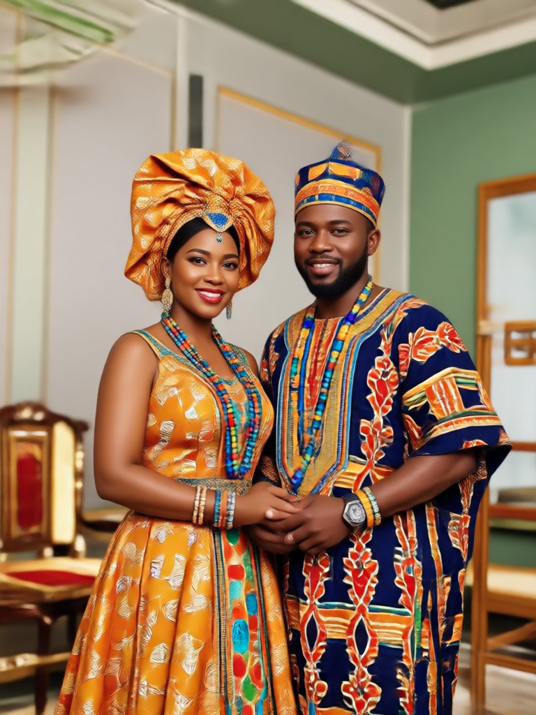 East African couple in colorful Kitenge dresses and suits