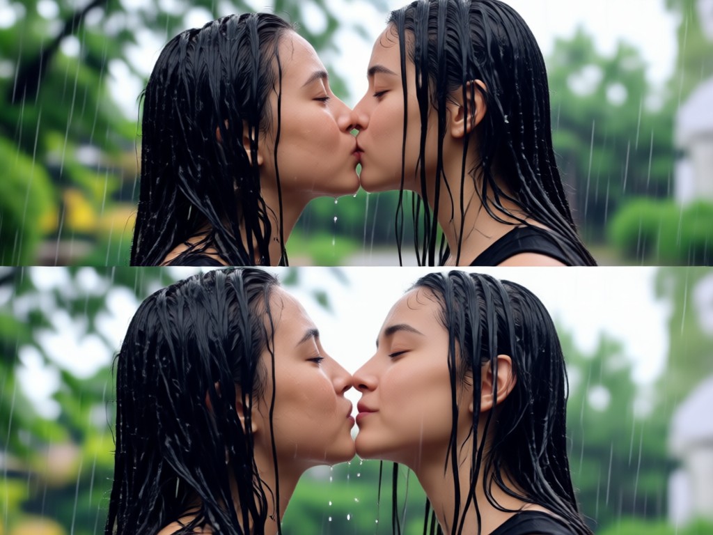 Kiss animation with realistic rainy backdrop