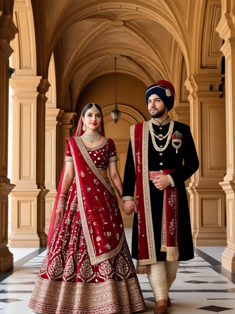 Traditional red bridal lehenga with heavy jewelry