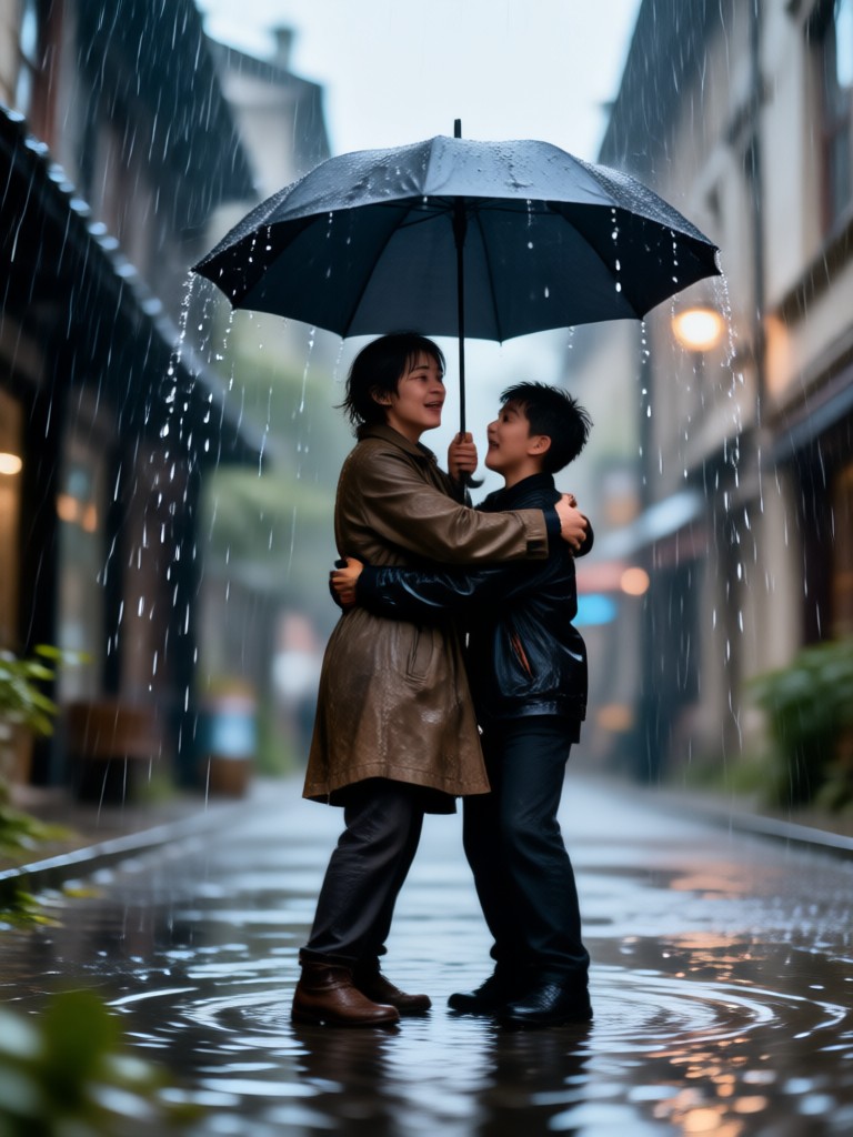 Slow motion rain hug with cinematic lighting