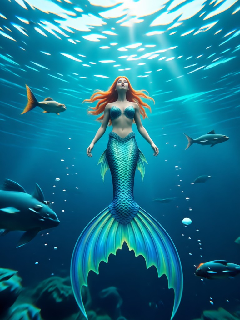 Ethereal blue mermaid with pearls in hair AI effect