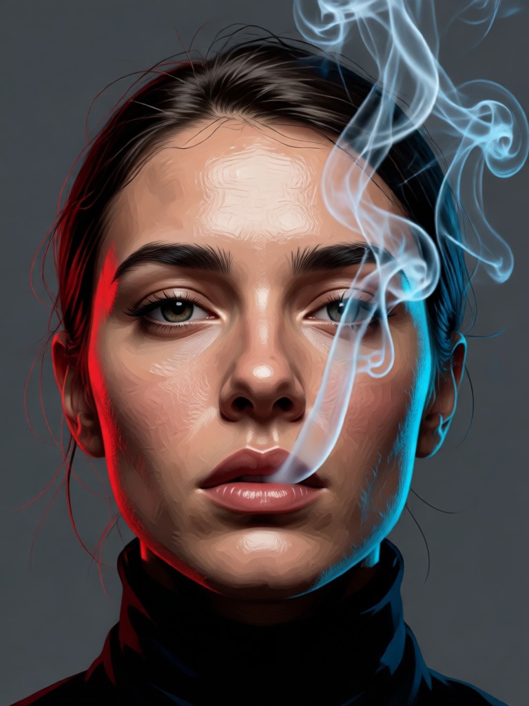 Color portrait with ethereal blue smoke background