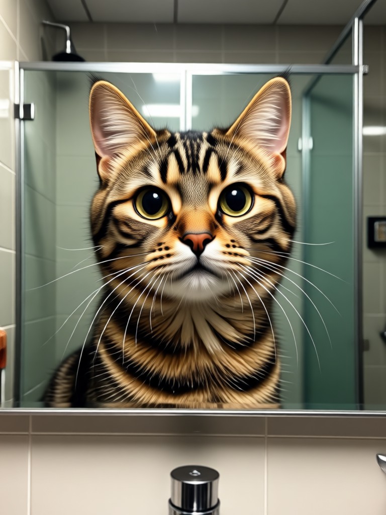 Photorealistic ferret peeking from behind a shower curtain