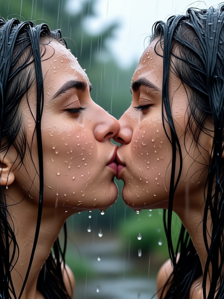Animated kiss with cherry blossoms and rain