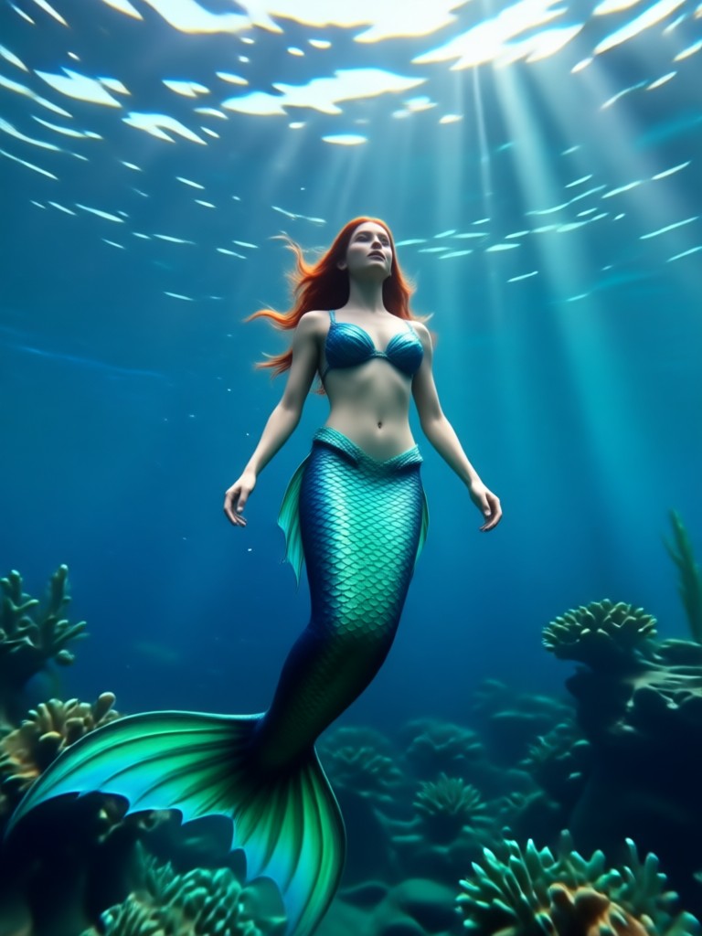 Vibrant tropical mermaid with colorful tail AI filter