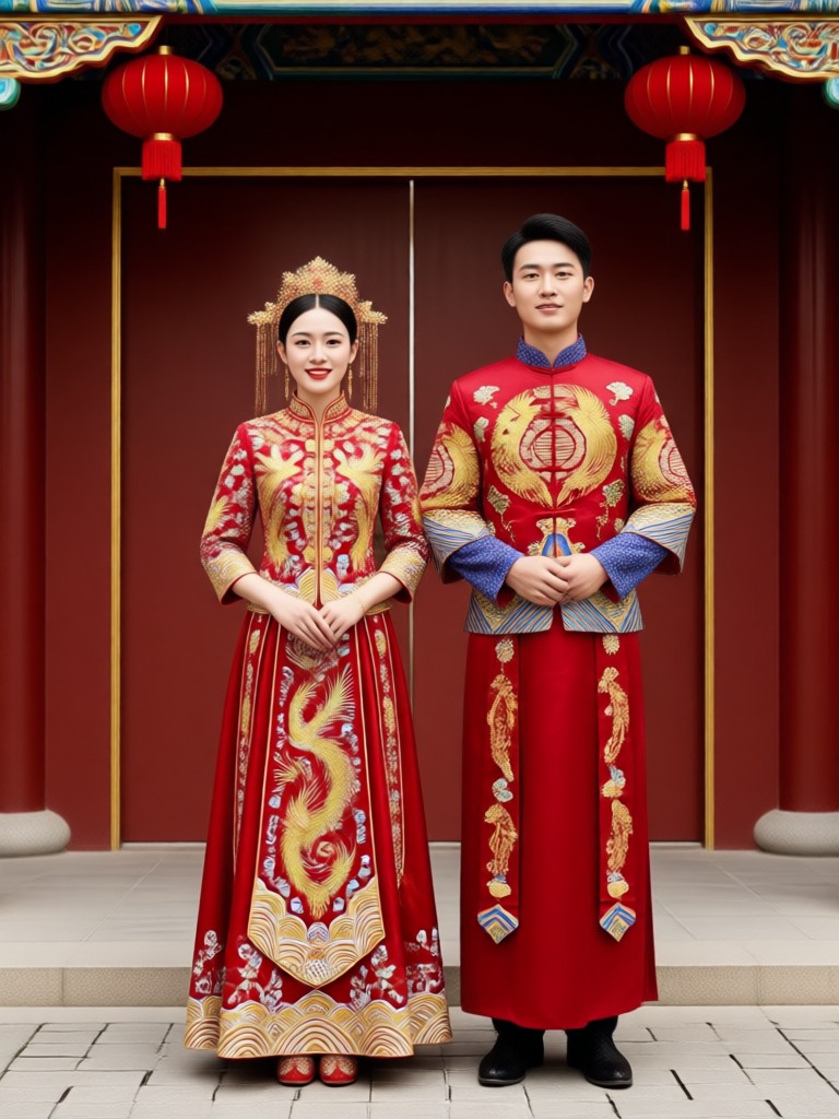 화려한 토브와 드레스를 입은 중동 웨딩 커플