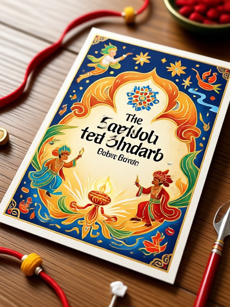 Traditional Raksha Bandhan card with golden rakhi and diya