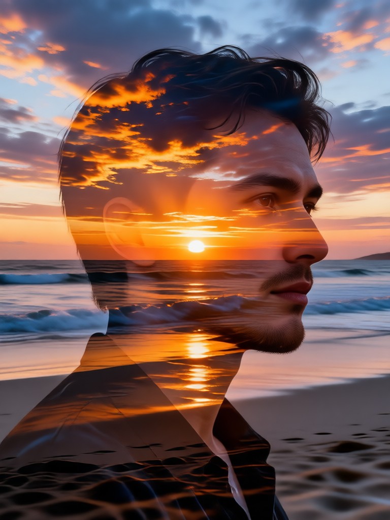 Potret yang digabung dengan sunset lautan