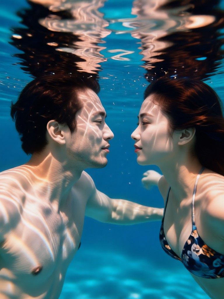 활기찬 커플 초상화를 위한 열대 산호초 배경