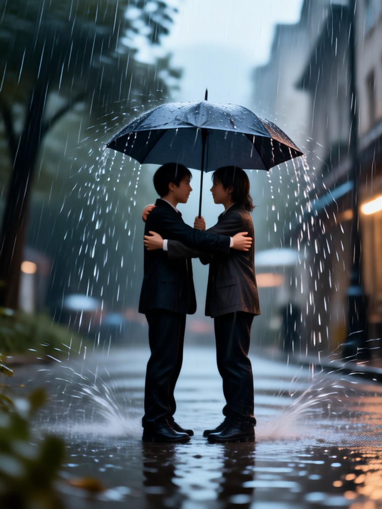 Slow motion rain hug AI video effect