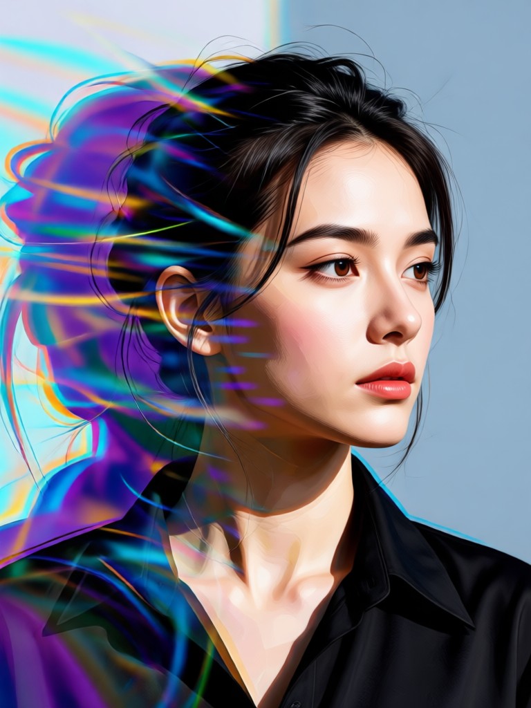 Ethereal portrait merged with clouds and soft light beams