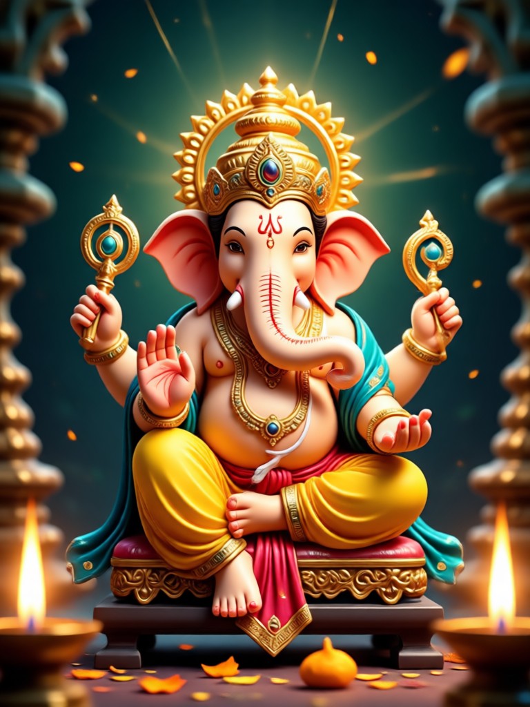 Festliches Ganpati-Foto mit floraler Dekoration KI-Bearbeitung
