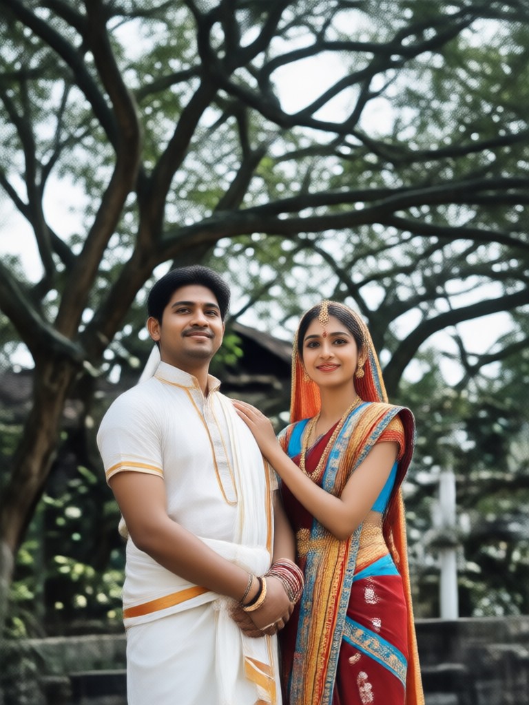 AI Kerala couple in temple with Nilavilakku