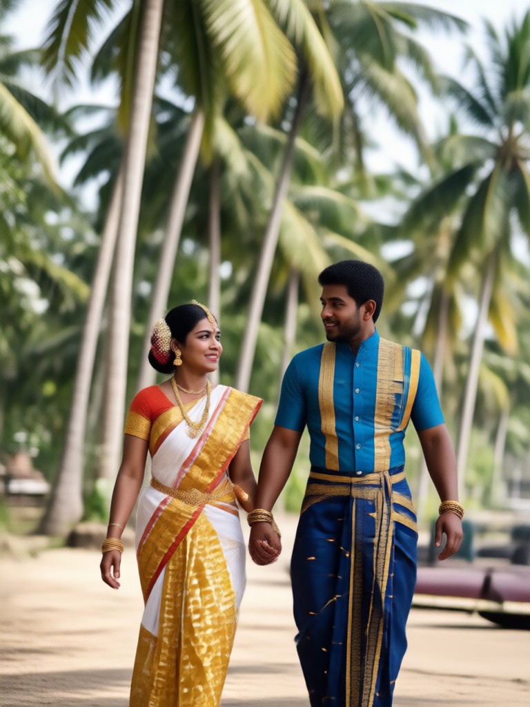 Malayali couple in monsoon setting with umbrella