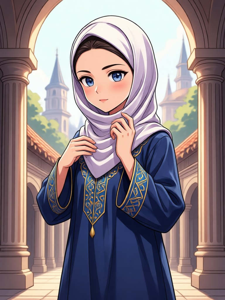 Menina de anime com estética cyberpunk e hijab