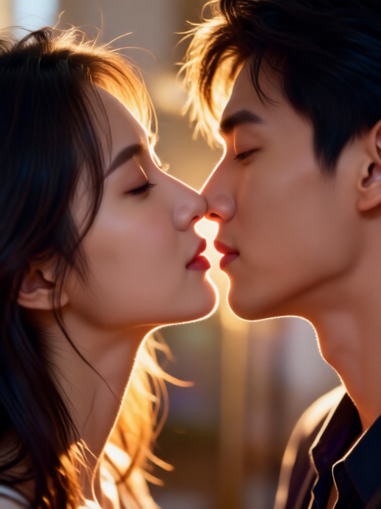 Vídeo romántico de beso generado por IA de una pareja