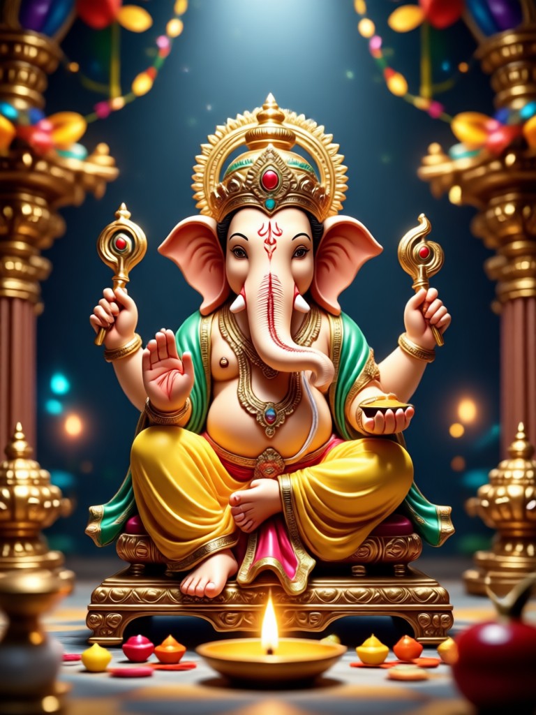 Ganesha hasil AI dalam pengaturan mandap rumah tradisional