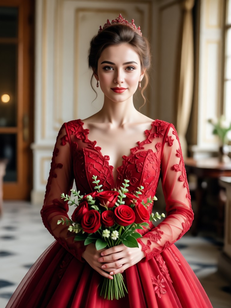 Dramatic long train red wedding gown AI effect