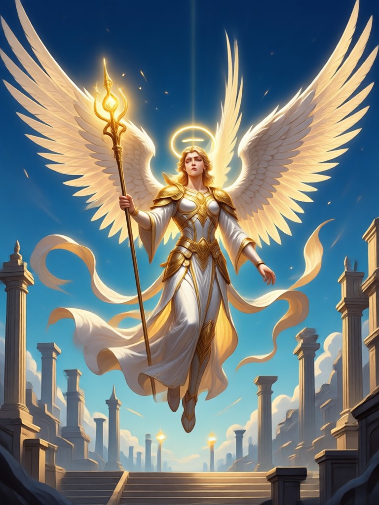 Futuristic cyber angel with neon halo and mechanical wings