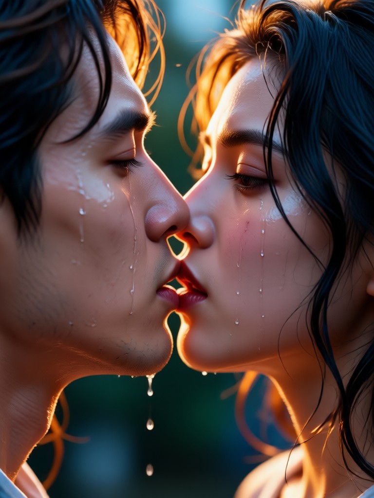 Dramatic rainy kiss scene AI video