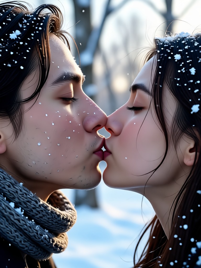 Mobile app screenshot showing winter kiss video creation