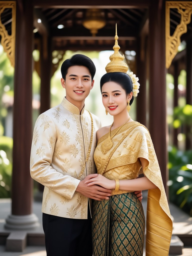 Thai royal couple portrait in golden attire