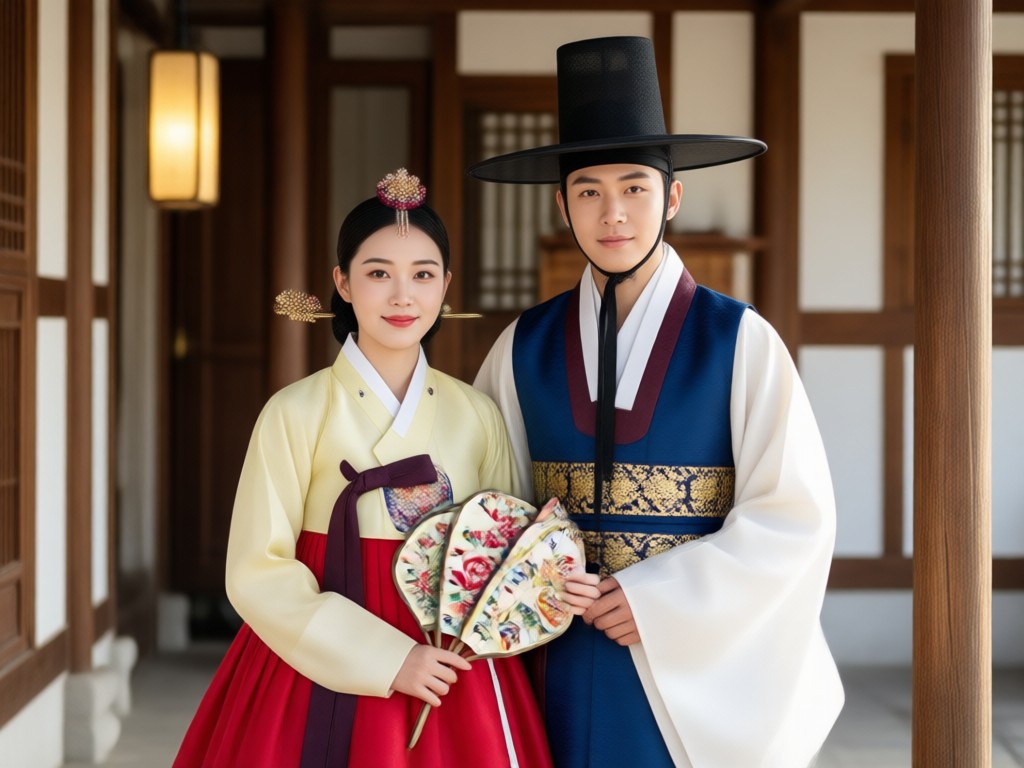 Detailed traditional Hanbok embroidery and layers