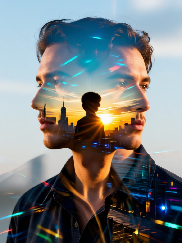Cinematic double exposure with dramatic lighting