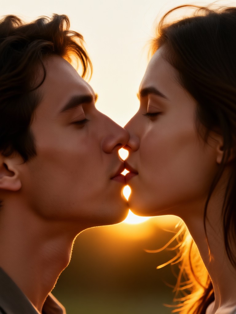 Momen ciuman pasangan saat matahari terbenam yang romantis
